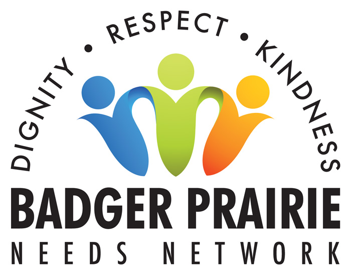 logo for Badger Prairie Needs Network - dignity, respect, kindness, 3 people figures in blue, green and orange